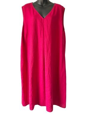 J. Jill Bright Red Pink V-Neck Midi Dress Womens Plus Size 3X Linen Sleeveless